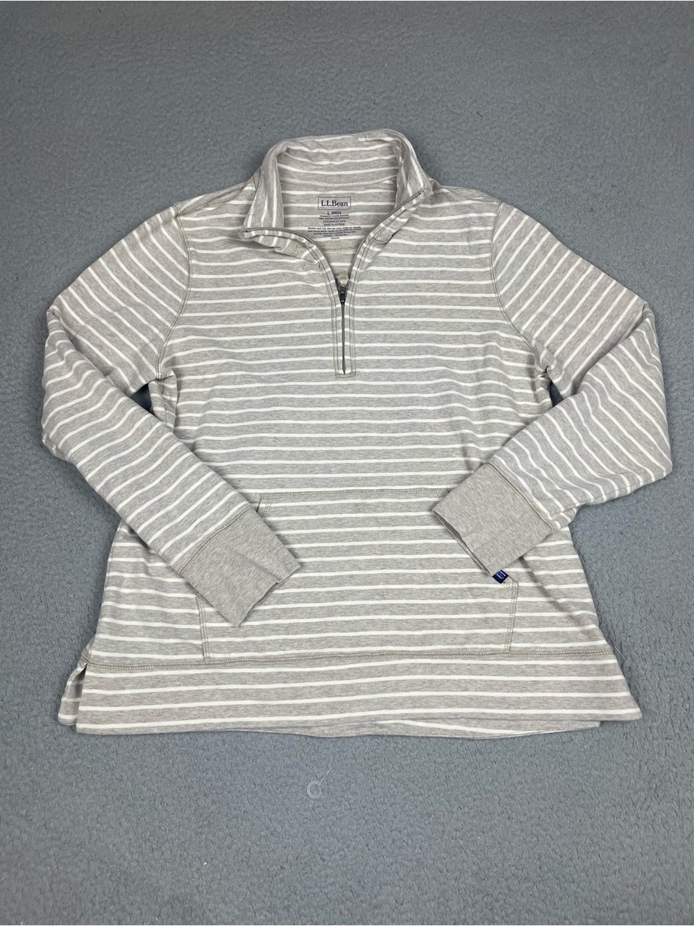 L.L. Bean Light Gray / Beige and White Striped Quarter- Zip Pullover